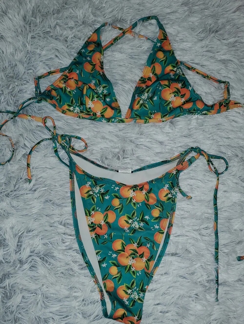 Nasty Gal Orange Print Triangle Bikini Set Size 6 Teal Tie Side